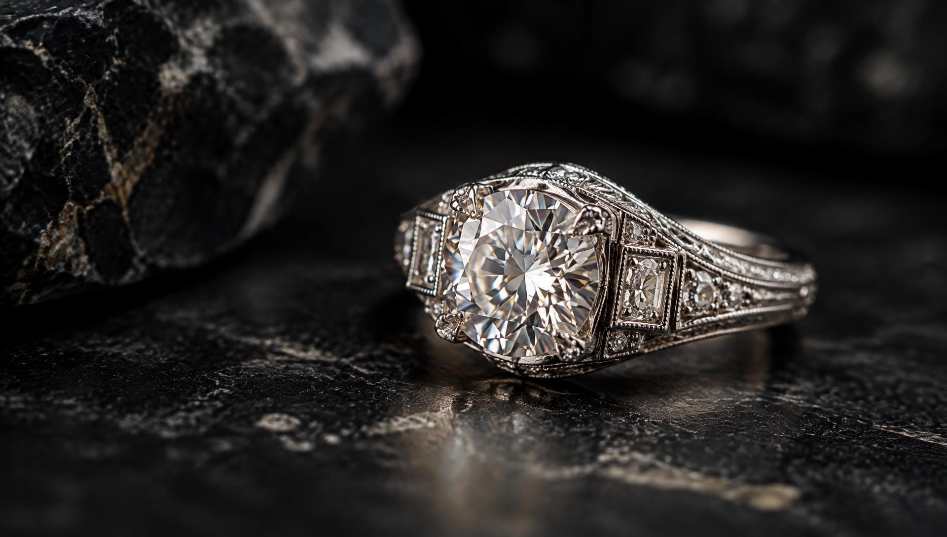Bague Art déco en platine sertie d'un diamant taille brillant posée sur une ardoise sombre